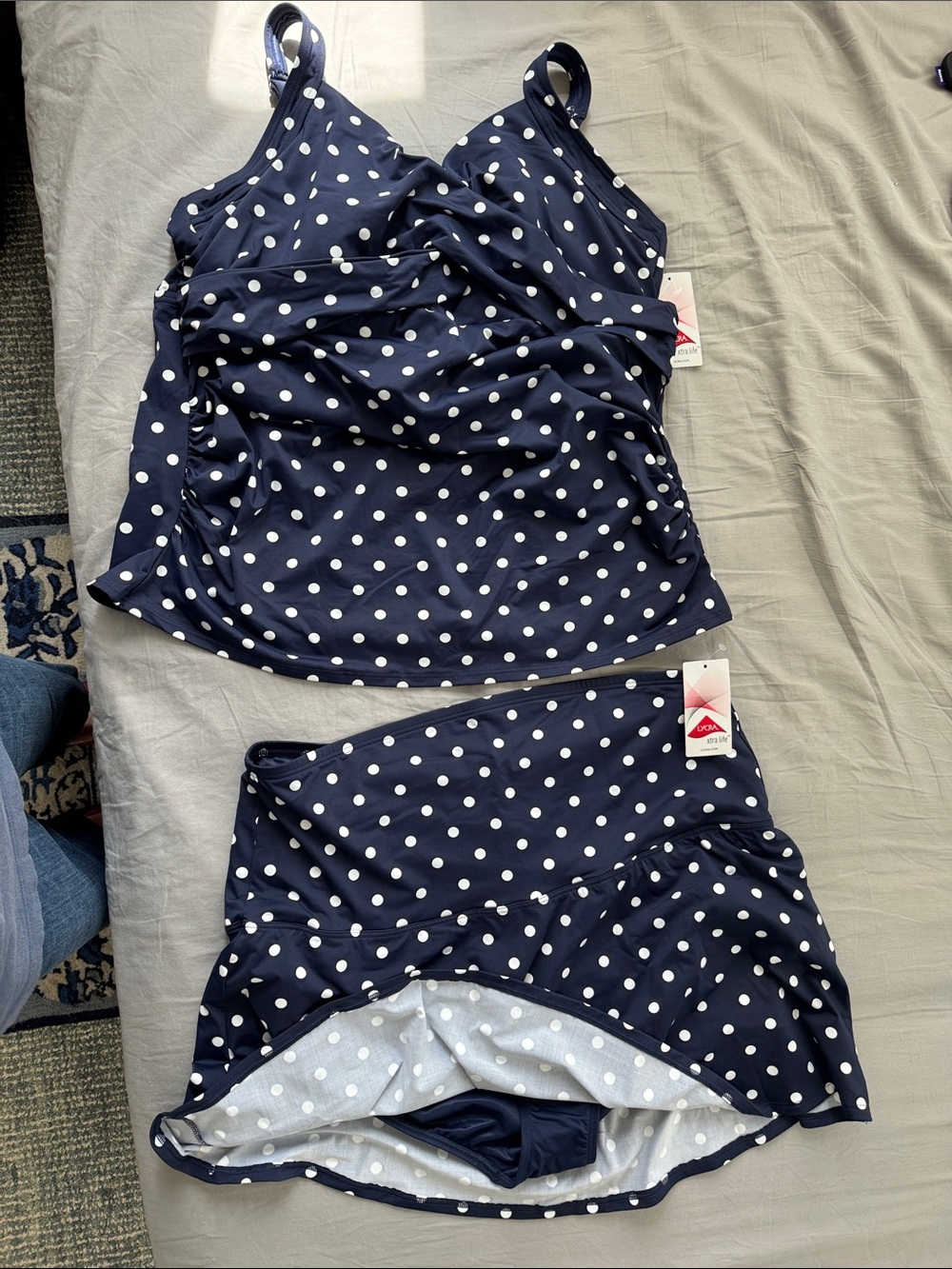 Lands' End Navy Blue & White Polka Dot Tankini with Skirted Bottom